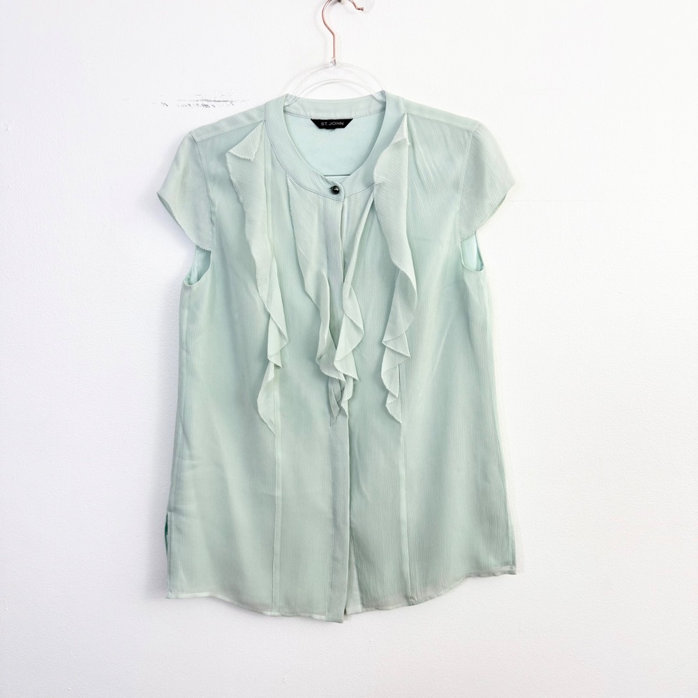 St.‎ John Silk Ruffle Blouse Mint Green Short Sleeve Top Estimated Size M